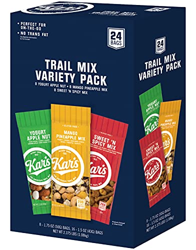 Kar’s Nuts Trail Mix Variety Pack, Pack of 24 – Yogurt Apple Nut, Mango Pineapple Mix, Sweet ‘N Spicy – Individually Wrapped, Gluten-Free Snack Mix