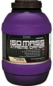ultimate nutrition iso mass xtreme gainer, weight gainer protein powder with creatine, 60 grams of protein, whey isolate protein powder for lean muscle gain, 10 lbs with 30 servings, vanilla ice cream