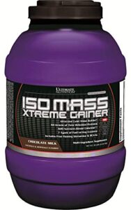 ultimate nutrition iso mass xtreme gainer, weight gainer protein powder with creatine, 60 grams of protein, whey isolate protein powder for lean muscle gain, 10 lbs with 30 servings, chocolate