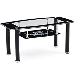 Hodedah Two Tier Rectangle Tempered Glass Coffee Table, Black