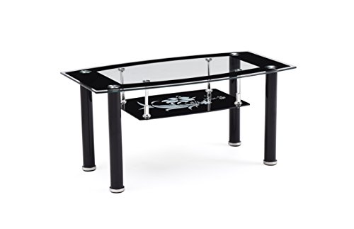 Hodedah Two Tier Rectangle Tempered Glass Coffee Table, Black