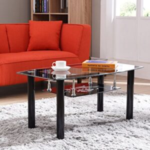 Hodedah Two Tier Rectangle Tempered Glass Coffee Table, Black