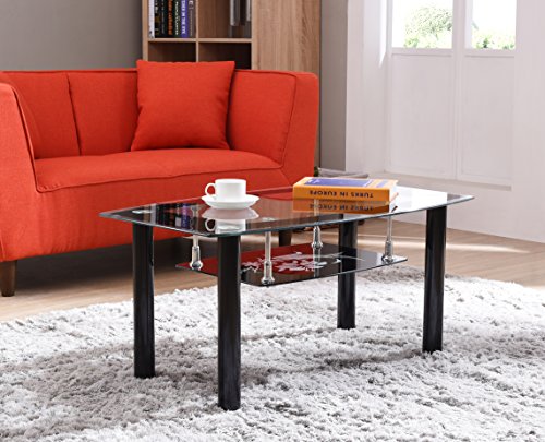 Hodedah Two Tier Rectangle Tempered Glass Coffee Table, Black