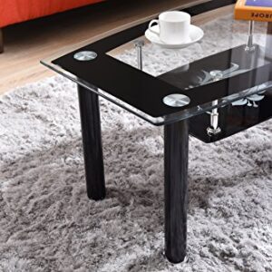 Hodedah Two Tier Rectangle Tempered Glass Coffee Table, Black