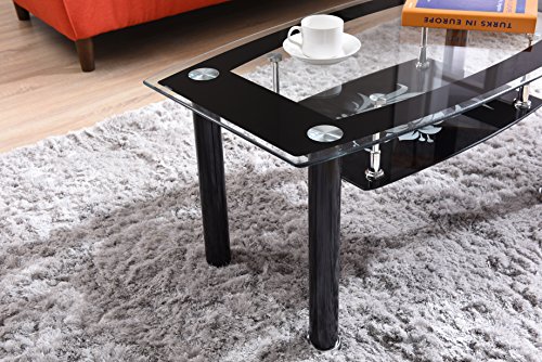 Hodedah Two Tier Rectangle Tempered Glass Coffee Table, Black