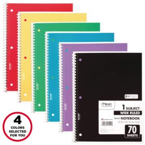 Mead Spiral Notebook, 4 Pack, 1-Subject, Wide Ruled Paper, 7-1/2" x 10-1/2", 70 Sheets per Notebook, Colors Will Vary (72873)