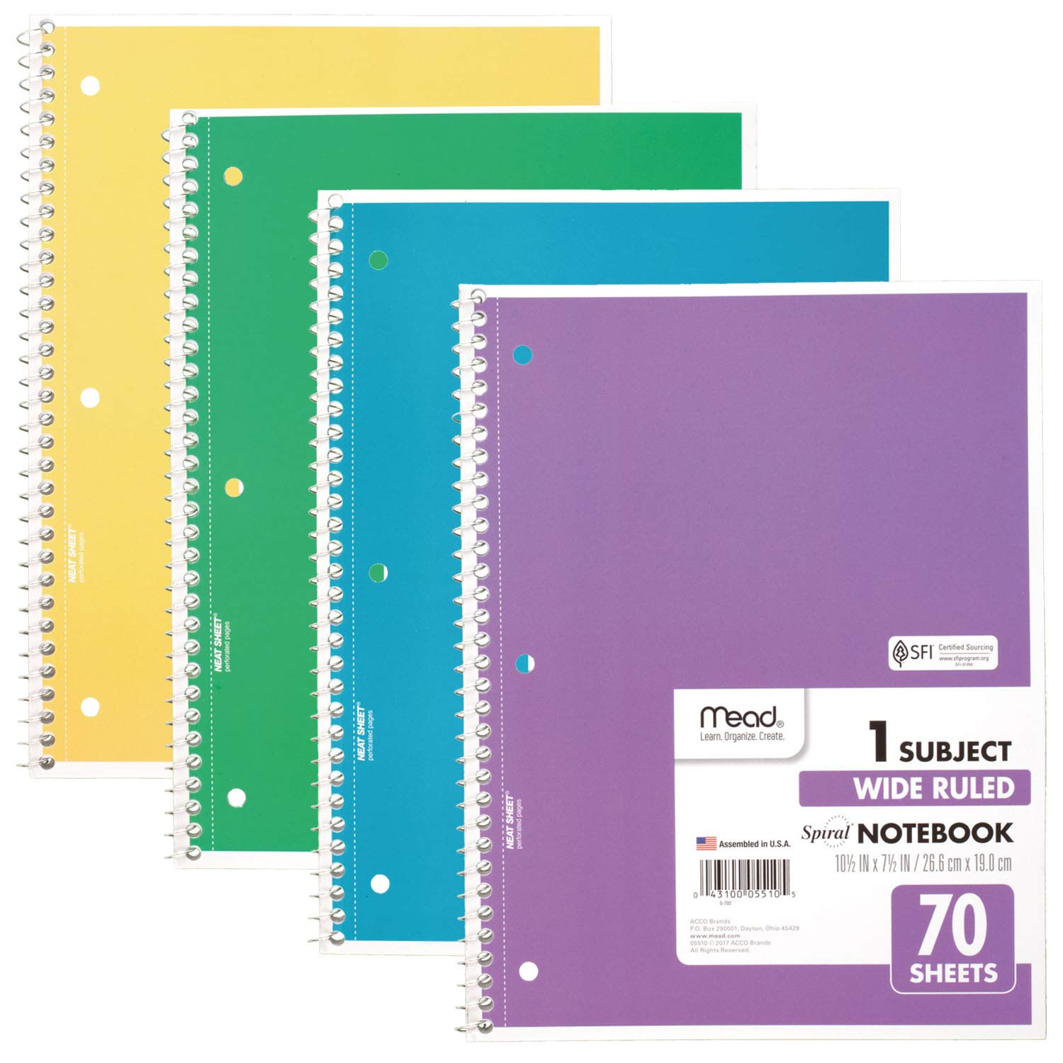 Mead Spiral Notebook, 4 Pack, 1-Subject, Wide Ruled Paper, 7-1/2" x 10-1/2", 70 Sheets per Notebook, Colors Will Vary (72873)