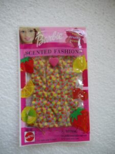 barbie scented fashions - green sleeveless dress with fuchsia, orange and yellow specs (2001)