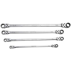 mountain rf7 sae reversible double raised box ratcheting wrench set, universal spline, 90 tooth design, 180 degree rotating head, sizes 5/16", 3/8", 7/16", 1/2", 9/16" 5/8", 11/16", 3/4", 4-piece