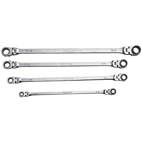 Mountain RF7 SAE Reversible Double Raised Box Ratcheting Wrench Set, Universal Spline, 90 Tooth Design, 180 Degree Rotating Head, Sizes 5/16", 3/8", 7/16", 1/2", 9/16" 5/8", 11/16", 3/4", 4-Piece