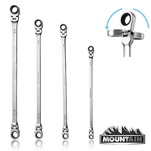 Mountain RF7 SAE Reversible Double Raised Box Ratcheting Wrench Set, Universal Spline, 90 Tooth Design, 180 Degree Rotating Head, Sizes 5/16", 3/8", 7/16", 1/2", 9/16" 5/8", 11/16", 3/4", 4-Piece