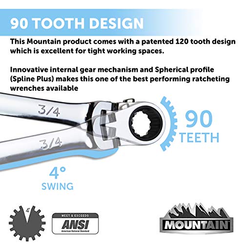 Mountain RF7 SAE Reversible Double Raised Box Ratcheting Wrench Set, Universal Spline, 90 Tooth Design, 180 Degree Rotating Head, Sizes 5/16", 3/8", 7/16", 1/2", 9/16" 5/8", 11/16", 3/4", 4-Piece