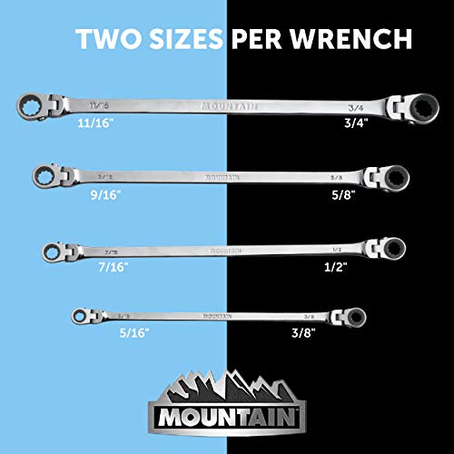 Mountain RF7 SAE Reversible Double Raised Box Ratcheting Wrench Set, Universal Spline, 90 Tooth Design, 180 Degree Rotating Head, Sizes 5/16", 3/8", 7/16", 1/2", 9/16" 5/8", 11/16", 3/4", 4-Piece