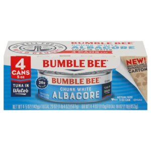 bumble bee chunk white albacore tuna in water, 5 oz cans (pack of 4) - wild caught tuna - 20g protein per serving - non-gmo project verified, gluten free, kosher - great for tuna salad & recipes