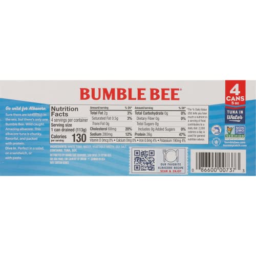 Bumble Bee Chunk White Albacore Tuna in Water, 5 oz Cans (Pack of 4) - Wild Caught Tuna - 20g Protein per Serving - Non-GMO Project Verified, Gluten Free, Kosher - Great for Tuna Salad & Recipes