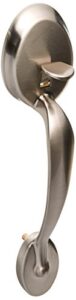 schlage fe285ply619accrh satin nickel plymouth right handed front entry handleset with an accent lever from the plymouth collection fe285-ply-acc-rh