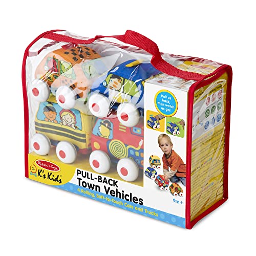 Melissa & Doug K's Kids Pull-Back Vehicle Set - Soft Baby Toy Set With 4 Cars and Trucks and Carrying Case - Pull Back Cars, Toys For Babies And Toddlers