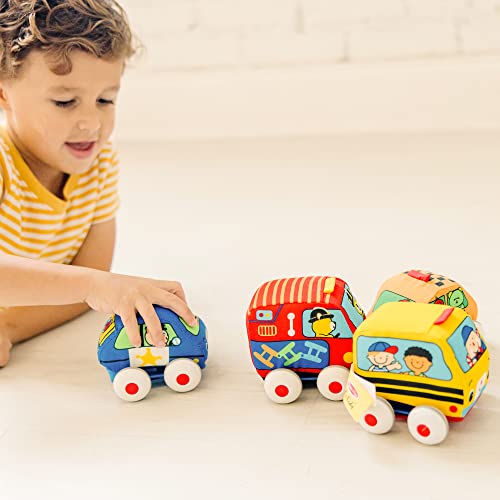 Melissa & Doug K's Kids Pull-Back Vehicle Set - Soft Baby Toy Set With 4 Cars and Trucks and Carrying Case - Pull Back Cars, Toys For Babies And Toddlers