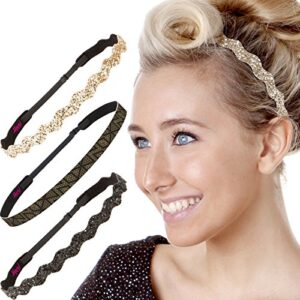 hipsy cute fashion adjustable no slip hairband headbands for women girls & teens (black & gold zigzag 3pk)