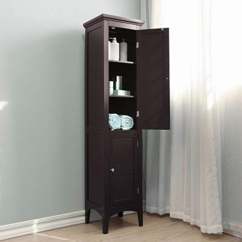 Teamson Home Glancy Tall Slim Freestanding Double Tier Floor Linen Cabinet with 1 Adjustable and 3 Fixed Interior Shelves 5 Storage Spaces and 2 Louvered Doors, Dark Espresso