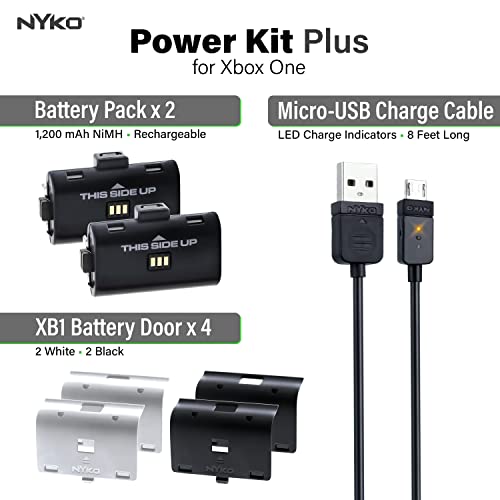 Nyko Xbox One Power Kit Plus - Rechargeable Battery Kit with 2 Batteries, Black & White Covers, 8-foot Micro-USB Charge Cable - Ultimate Xbox Accessories - Power, Cable, & Replacement Battery Doors