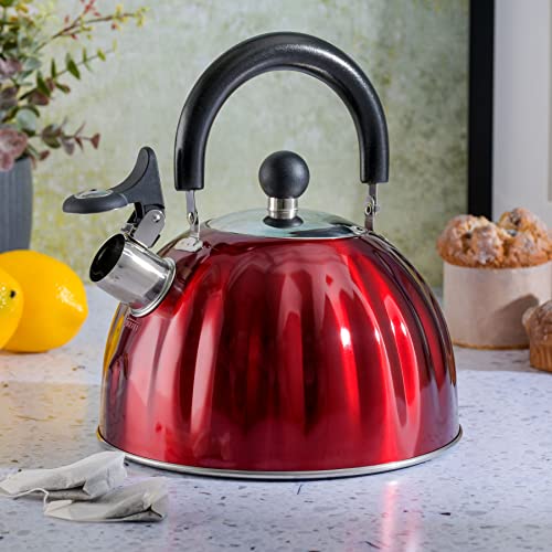 Mr. Coffee Twining 2.1 Quart Pumpkin Shaped Stainless Steel Whistling Tea Kettle, Metallic Red