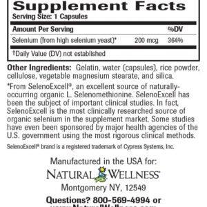 Natural Wellness 200 mcg Natural, Organic, SelenoExcell Selenium Supplement for Antioxidant Support - 60 Capsules: 60-Day Supply