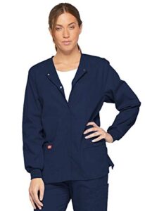 dickies eds signature scrubs for women, snap front scrub jacket in soft brushed poplin 86306, l, navy