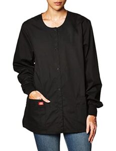 dickies eds signature scrubs for women, snap front scrub jacket in soft brushed poplin 86306, s, black