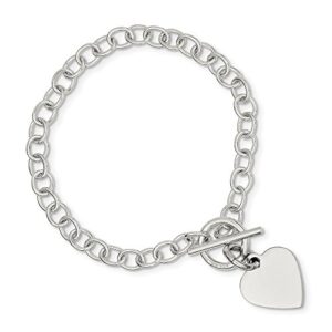 jewelryweb sterling silver flat back engravable toggle closure polished heart charm bracelet - 7.5 inch