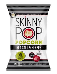 skinnypop sea salt & pepper popcorn, gluten free, non-gmo, healthy popcorn snacks, halloween snacks for kids, skinny pop, 4.4oz grocery size bag