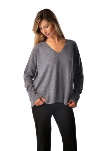 Cashmere Boutique: Women's 100% Pure Cashmere V-Neck Boyfriend Sweater (Color: Medium Gray, Size: Large)