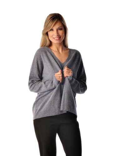 Cashmere Boutique: Women's 100% Pure Cashmere V-Neck Boyfriend Sweater (Color: Medium Gray, Size: Large)