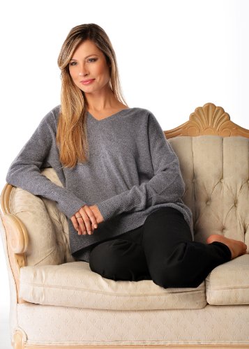 Cashmere Boutique: Women's 100% Pure Cashmere V-Neck Boyfriend Sweater (Color: Medium Gray, Size: Large)