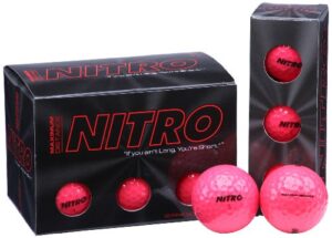 long distance golf balls (12pk) all levels-nitro maximum distance titanium core 85 compression high velocity spin control usga approved-total of 12-hot pink