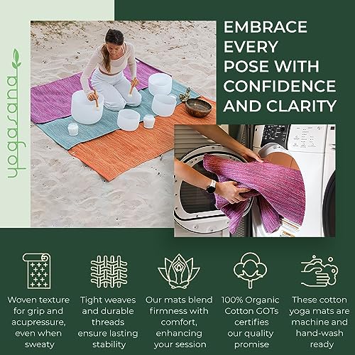 Yogasana Organic Cotton Yoga Mat Non Slip - Hand-Woven Foldable Yoga Rug Provides Excellent Comfort, Traction & Support-Travel Extra Thick Yoga Mats for Indoor & Outdoor Use - 24 x 72 Inches, Ether