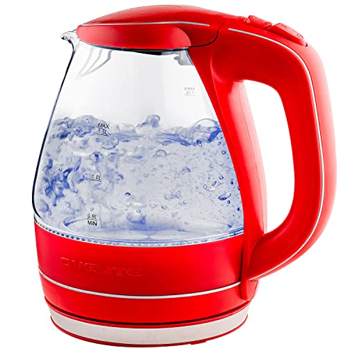 OVENTE Glass Electric Kettle Hot Water Boiler 1.5 Liter Borosilicate Glass Fast Boiling Countertop Heater - BPA Free Auto Shut Off Instant Water Heater Kettle for Coffee & Tea Maker - Red KG83R