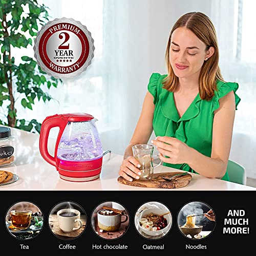 OVENTE Glass Electric Kettle Hot Water Boiler 1.5 Liter Borosilicate Glass Fast Boiling Countertop Heater - BPA Free Auto Shut Off Instant Water Heater Kettle for Coffee & Tea Maker - Red KG83R