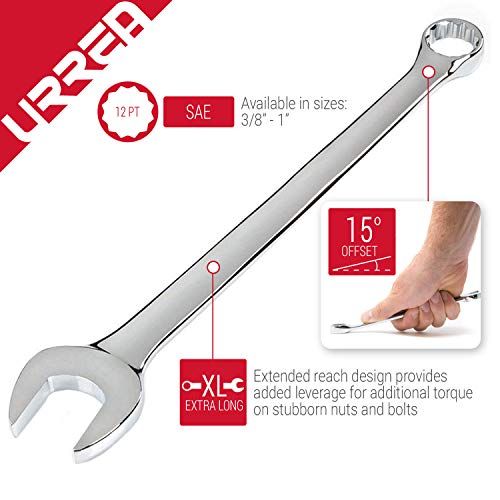 URREA 12-Point Combination Wrench - 1/2" Extra Long Mechanics Tool with Extended Reach & Nickel-Chrome Finish - 1216L