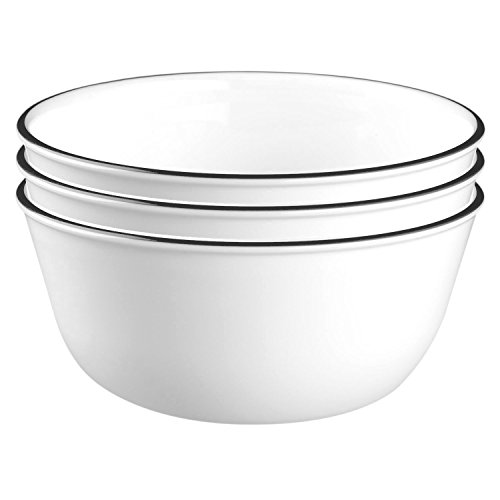 Corelle Livingware 28-Ounce Super Soup/Cereal Bowl, Classic Café Black Rim, 3, White