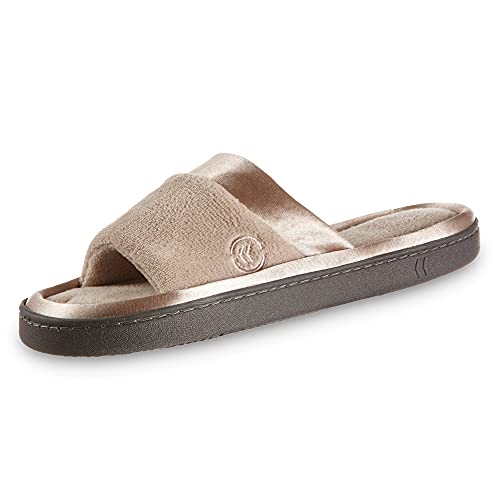 isotoner Women's Soft Microterry Wider Width Slide Slippers, with Satin Trim and Comfort Footbed, Stone, 8.5-9 Wide