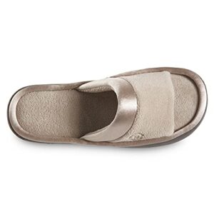 isotoner Women's Soft Microterry Wider Width Slide Slippers, with Satin Trim and Comfort Footbed, Stone, 8.5-9 Wide