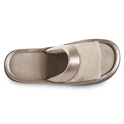 isotoner Women's Soft Microterry Wider Width Slide Slippers, with Satin Trim and Comfort Footbed, Stone, 8.5-9 Wide