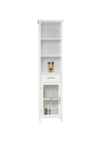 Teamson Home Delaney Wooden Freestanding Floor Linen Cabinet with 1 Drawer 3 Adjustable Shelves 6 Storage Spaces and 1 Tempered Glass-Paneled Door, White