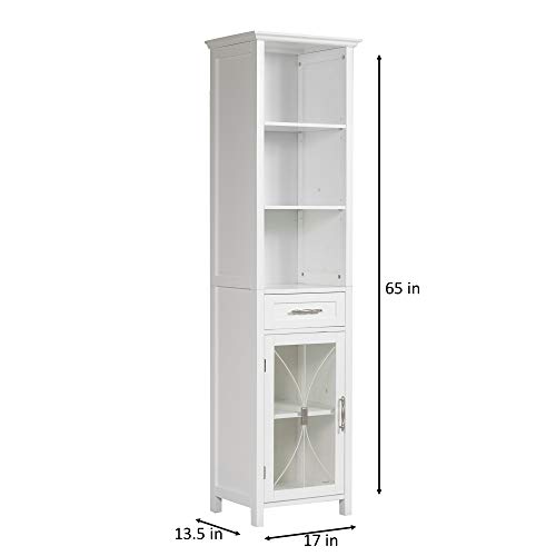 Teamson Home Delaney Wooden Freestanding Floor Linen Cabinet with 1 Drawer 3 Adjustable Shelves 6 Storage Spaces and 1 Tempered Glass-Paneled Door, White