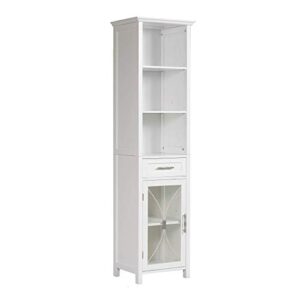teamson home delaney wooden freestanding floor linen cabinet with 1 drawer 3 adjustable shelves 6 storage spaces and 1 tempered glass-paneled door, white