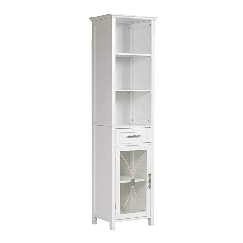 Teamson Home Delaney Wooden Freestanding Floor Linen Cabinet with 1 Drawer 3 Adjustable Shelves 6 Storage Spaces and 1 Tempered Glass-Paneled Door, White