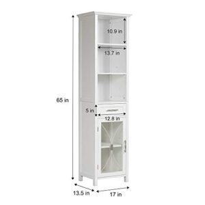 Teamson Home Delaney Wooden Freestanding Floor Linen Cabinet with 1 Drawer 3 Adjustable Shelves 6 Storage Spaces and 1 Tempered Glass-Paneled Door, White