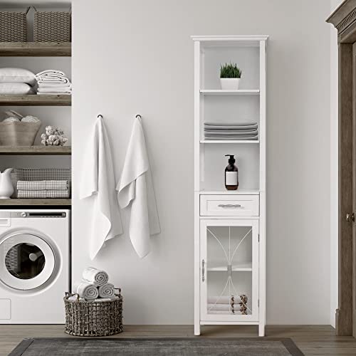 Teamson Home Delaney Wooden Freestanding Floor Linen Cabinet with 1 Drawer 3 Adjustable Shelves 6 Storage Spaces and 1 Tempered Glass-Paneled Door, White