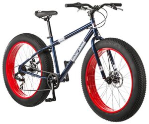 mongoose dolomite mens and womens fat tire mountain bike, 26-inch wheels, 4-inch wide knobby tires, 7-speed, adult steel frame, front and rear brakes, navy blue